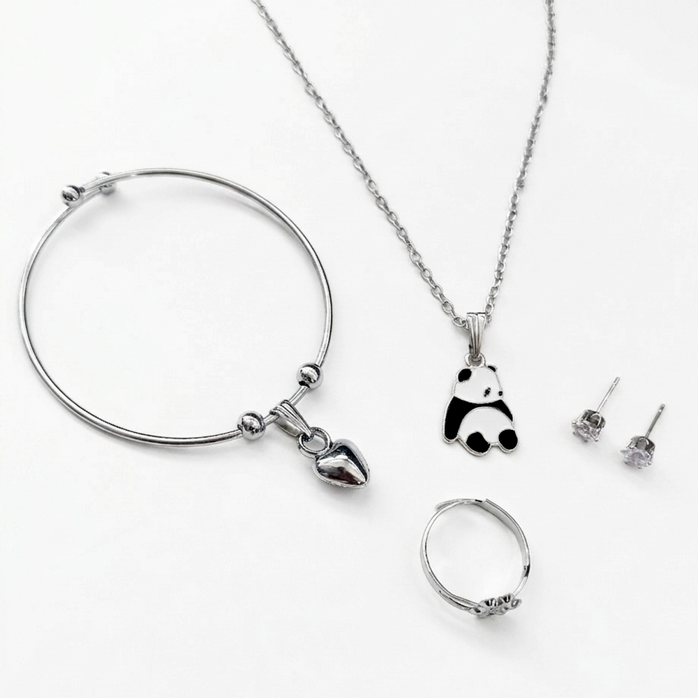 Urthn Silver Plated Chain Pendant Earrings Rings And Bracelet Jewellery Combo Set (Pack of 6)