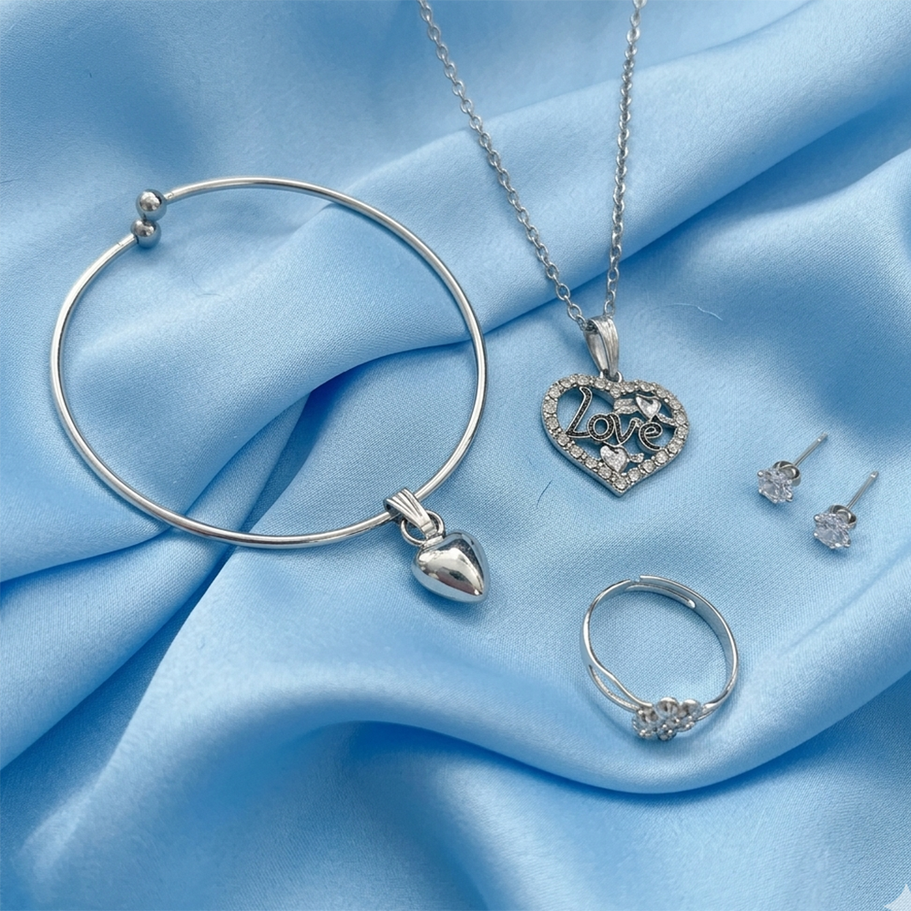 Urthn Silver Plated Chain Pendant Earrings Rings And Bracelet Jewellery Combo Set