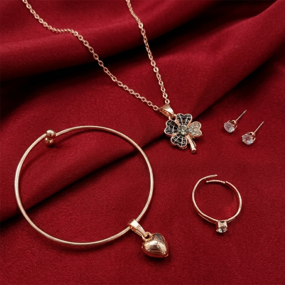 Urthn Rose Gold Plated Chain Pendant Earrings Rings And Bracelet Jewellery Combo Set