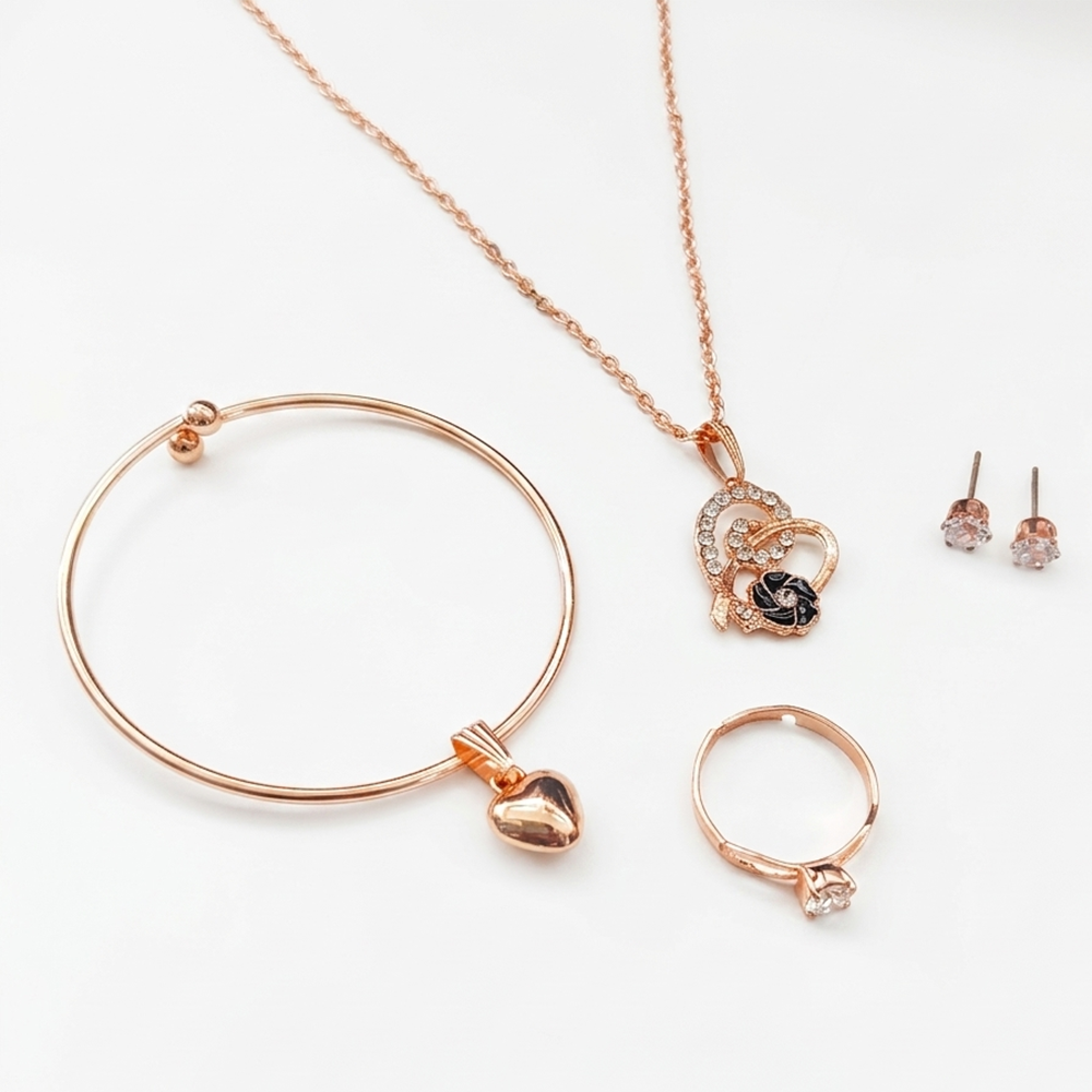 Urthn Rose Gold Plated Chain Pendant Earrings Rings And Bracelet Jewellery Combo Set (Pack of 6)