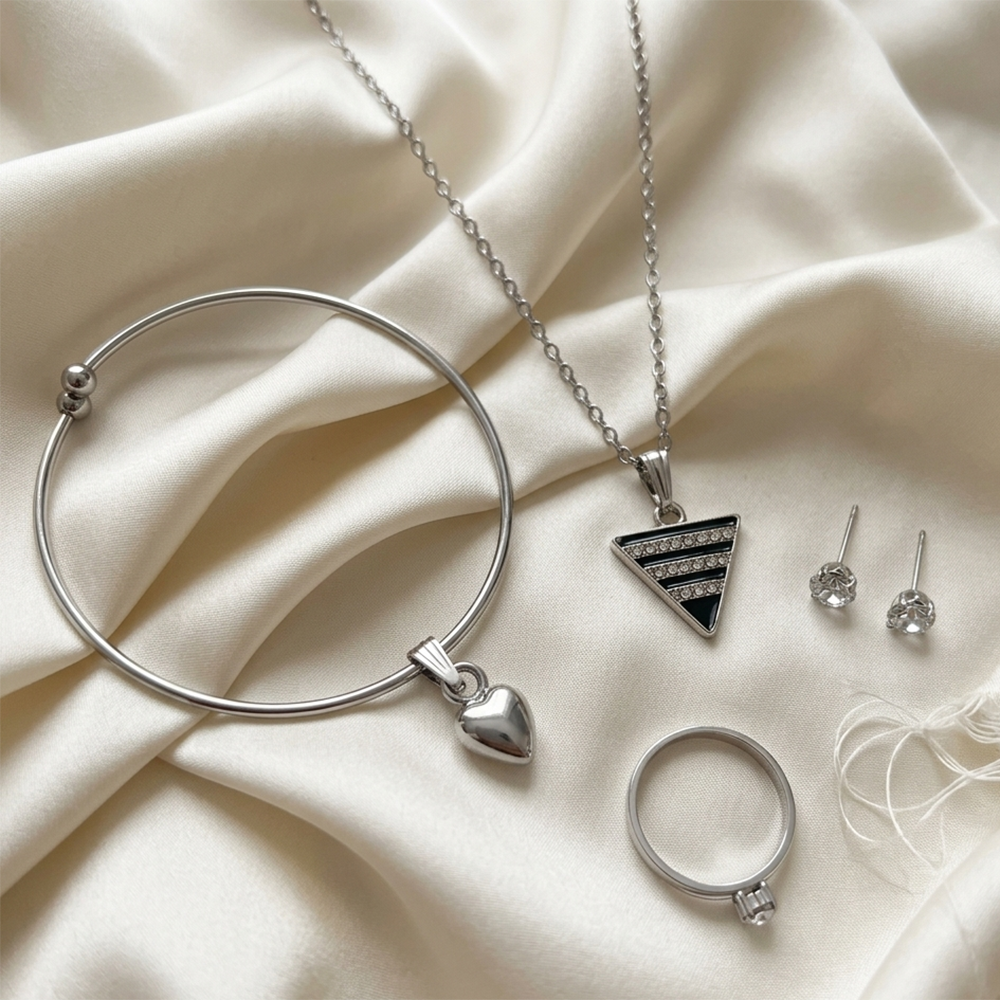Urthn Silver Plated Chain Pendant Earrings Rings And Bracelet Jewellery Combo Set