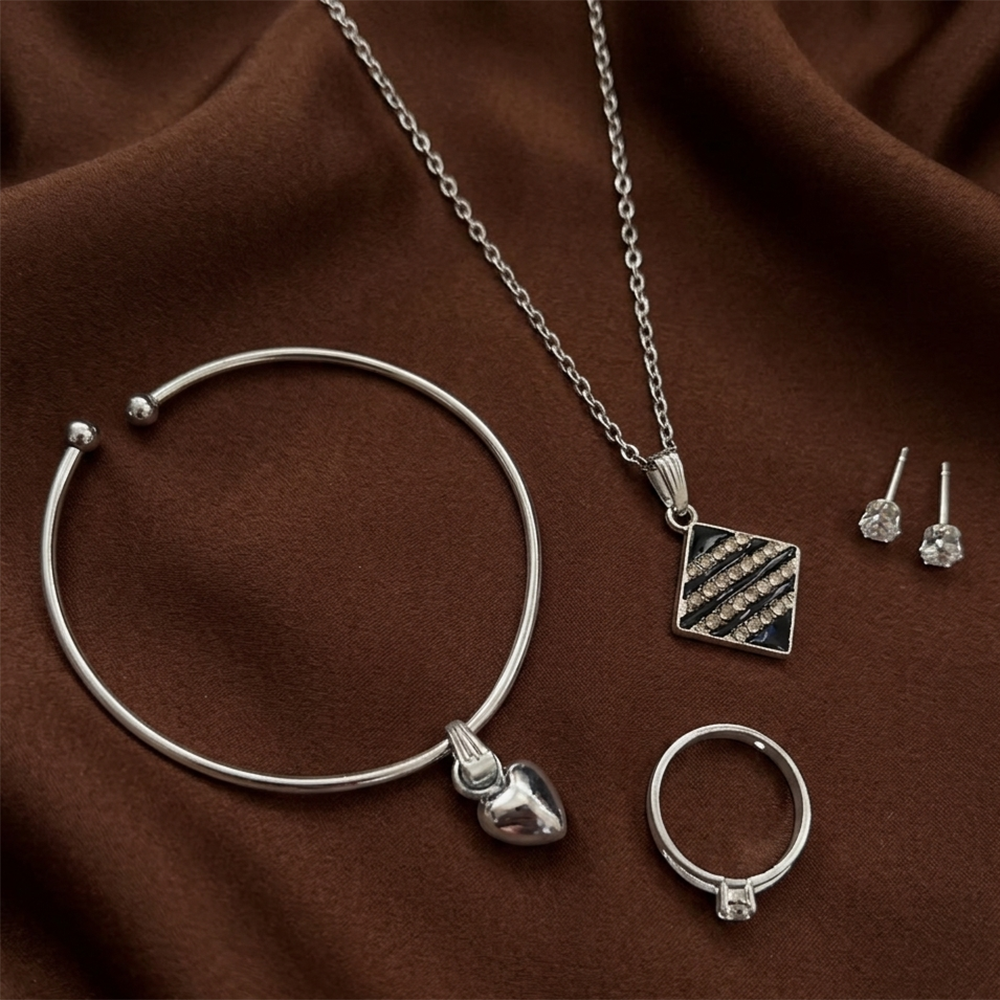 Urthn Silver Plated Chain Pendant Earrings Rings And Bracelet Jewellery Combo Set