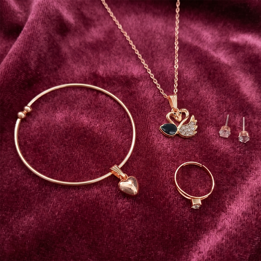 Urthn Rose Gold Plated Chain Pendant Earrings Rings And Bracelet Jewellery Combo Set