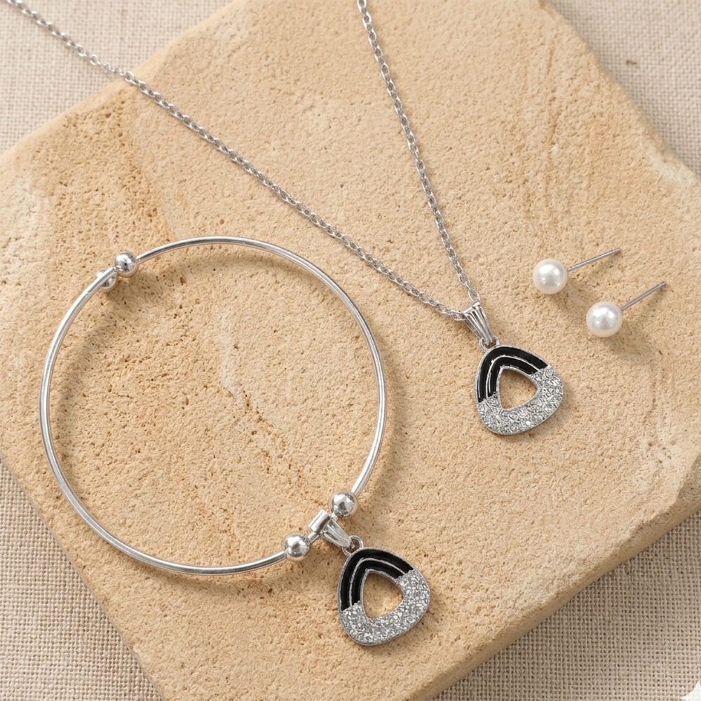 Urthn Silver Plated Chain Pendant Earrings And Bracelet Jewellery Combo Set