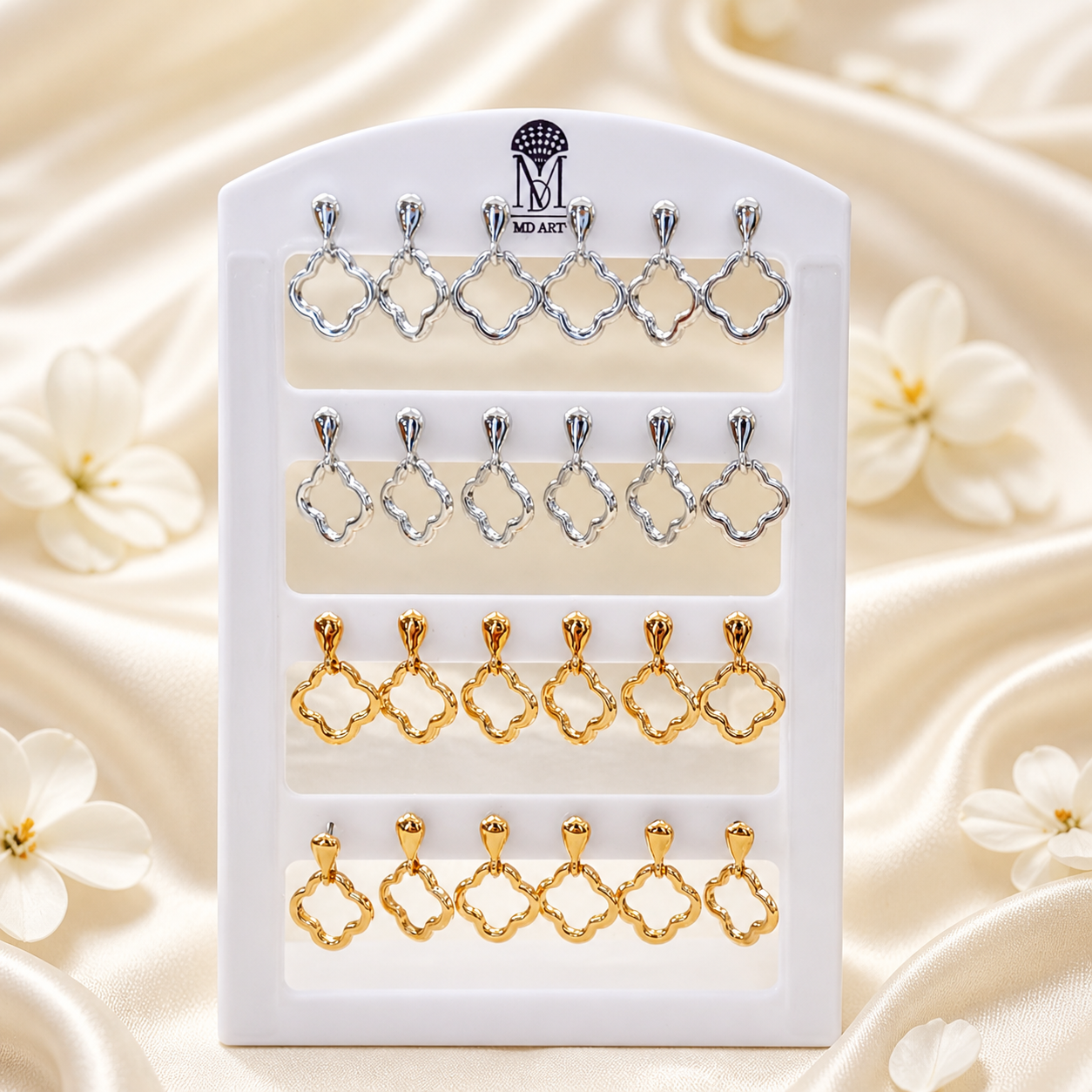 Urthn Gold And Silver Plated Clover Shape Dangler Earrings for Women (Pack of 12)