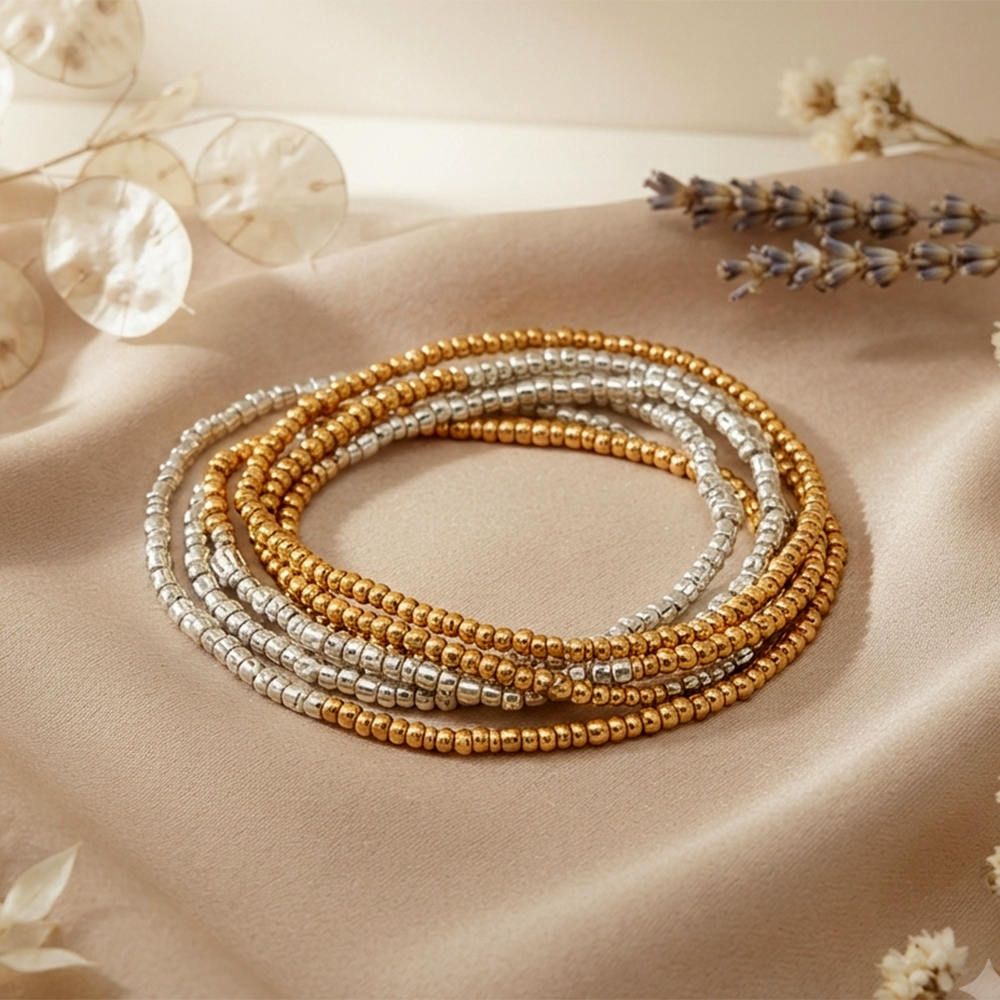 Urthn Trendy Gold And Silver Strand Seed Bead Bracelet Combo Set of 6 for Women