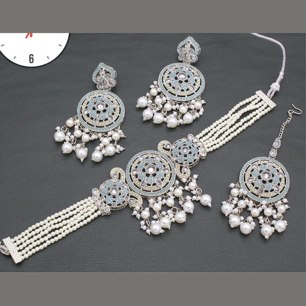 Manisha Jewellery Silver Plated Pota Stone And Pear Choker Necklace Set