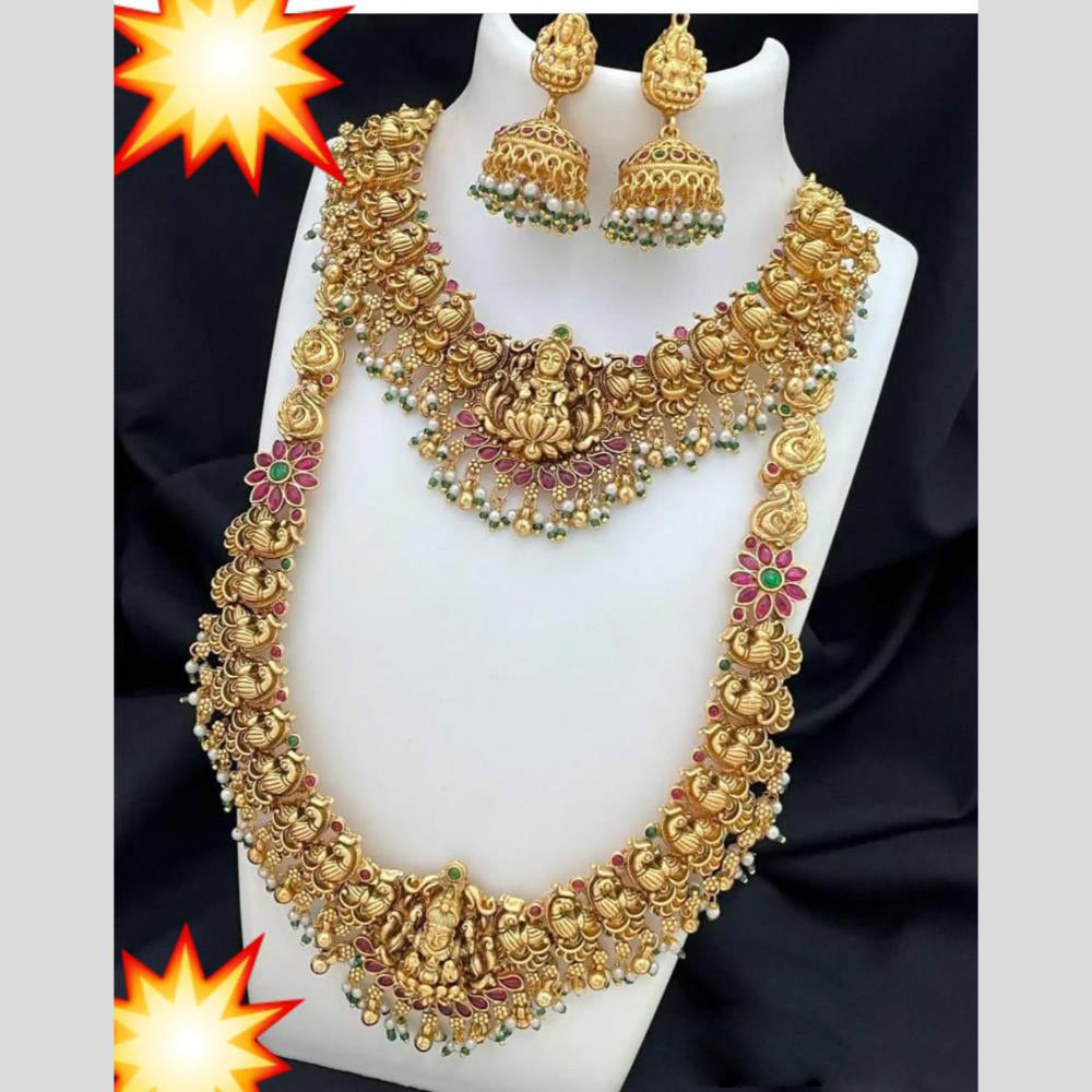 Manisha Jewellery Gold Plated Pota Stone And Pearls Temple Double Necklace Set