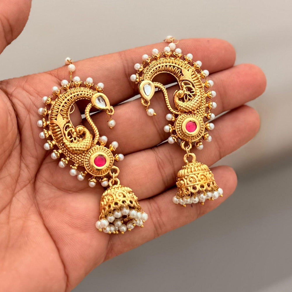 Manisha Pota Stone & Pearl Gold Plated Peacock Ear Cuff Jhumki Earrings