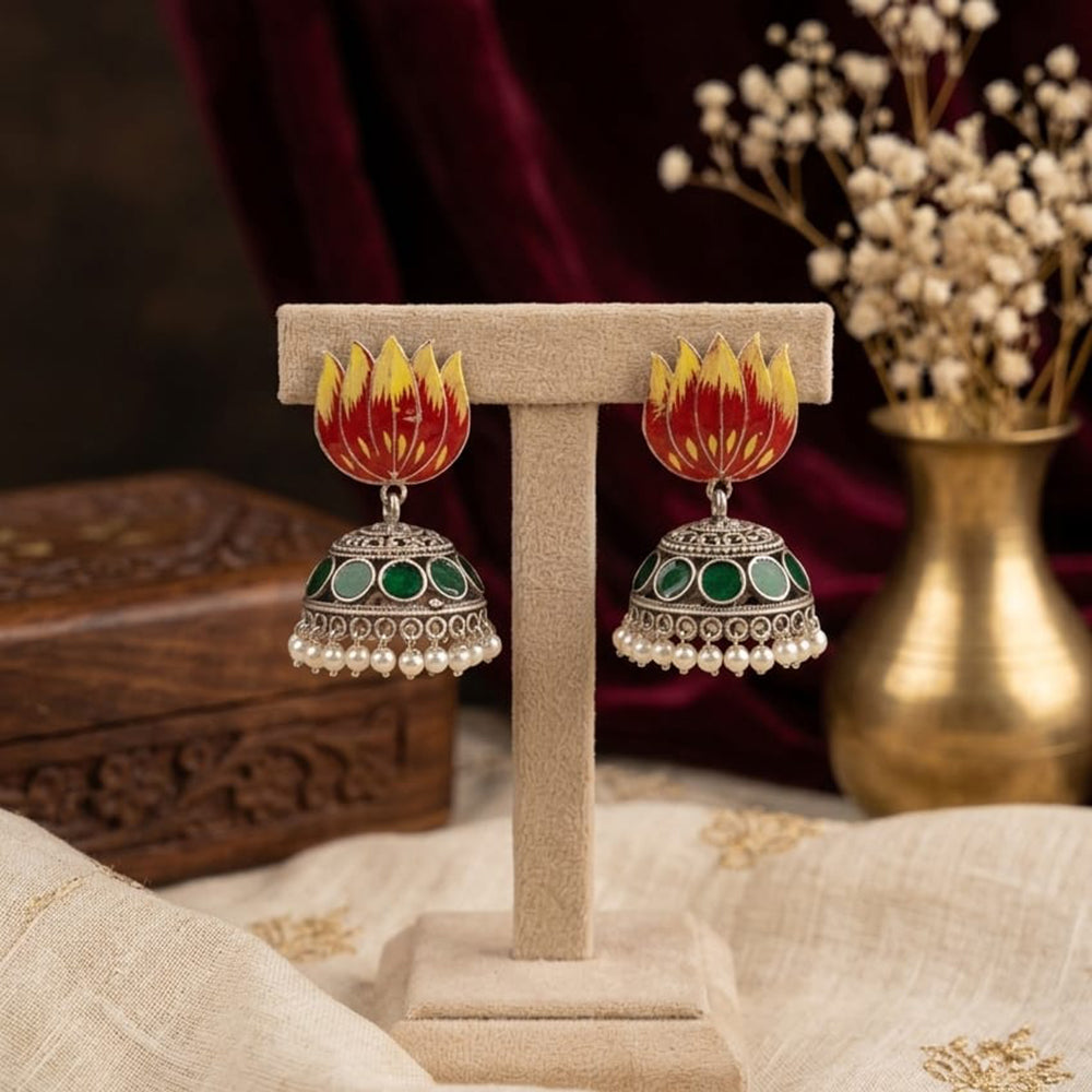 Manisha Jewellery Premium Oxidised Plated Pota Stone And Pearl Meenakari Jhumki Earrings
