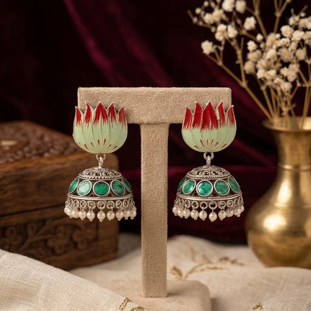 Manisha Jewellery Premium Oxidised Plated Pota Stone And Pearl Meenakari Jhumki Earrings