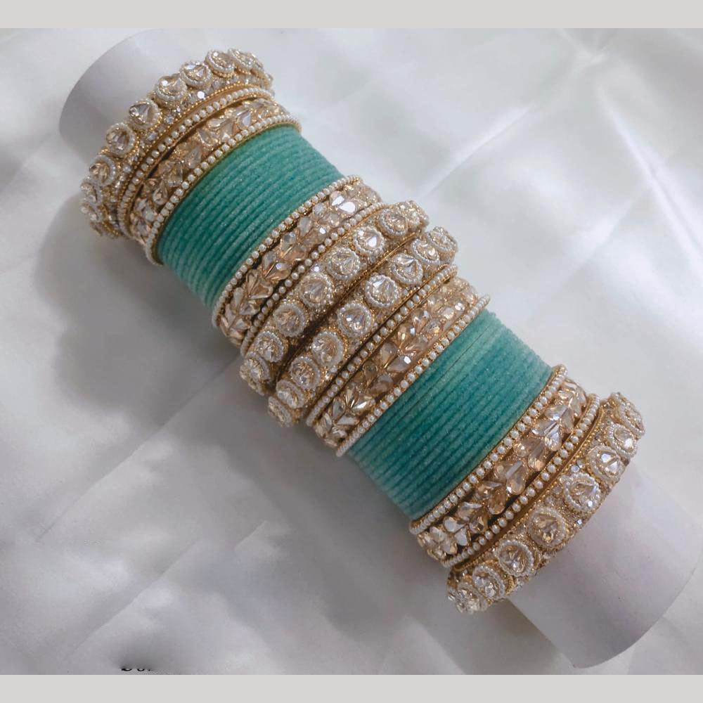 Lucentarts Jewellery Gold Plated Crystal Stone And Pearl Velvet Bangles Set