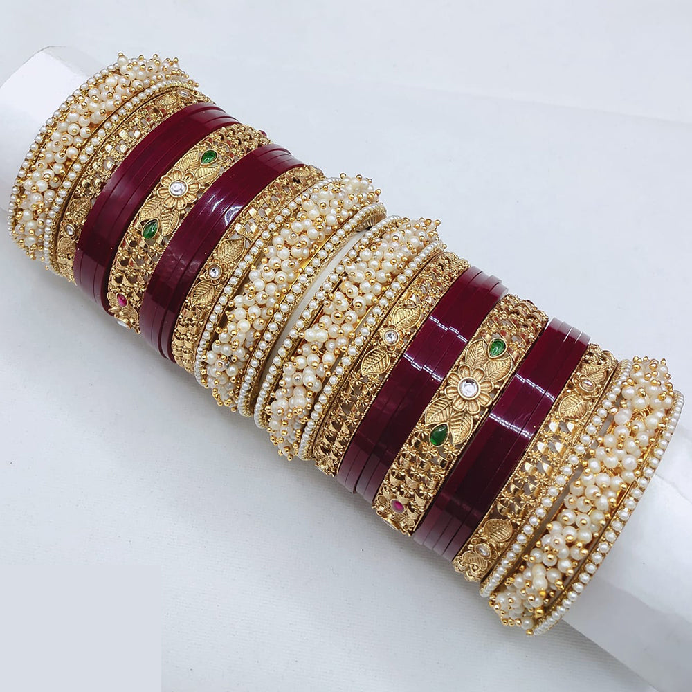 Lucentarts Jewellery Premium Kundan Stone And Pearl Acrylic Bridal Bangles Set