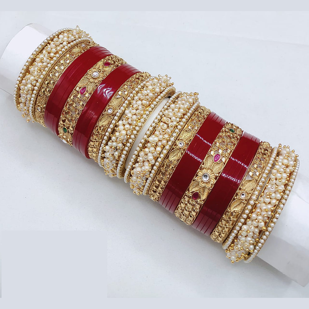 Lucentarts Jewellery Premium Kundan Stone And Pearl Acrylic Bridal Bangles Set