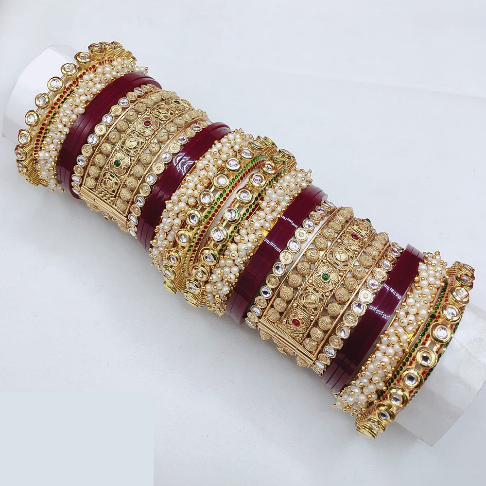Lucentarts Jewellery Premium Kundan Stone And Pearl Acrylic Bridal Bangles Set