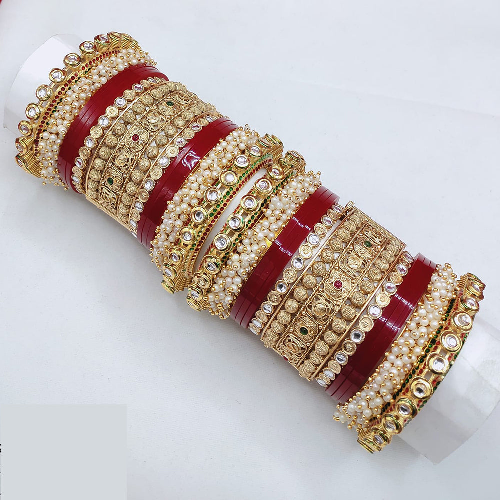 Lucentarts Jewellery Premium Kundan Stone And Pearl Acrylic Bridal Bangles Set