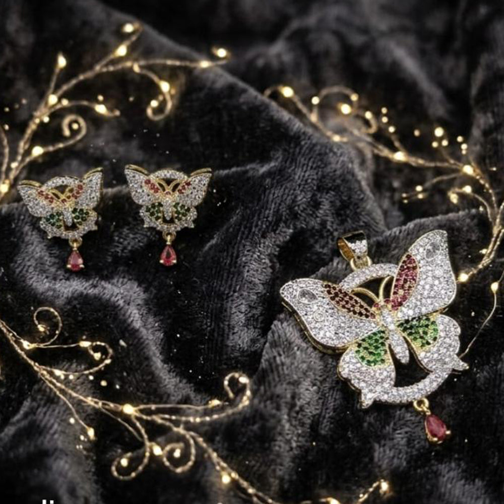 Lucentarts Jewellery Royal American Diamond Butterfly Pendant Set