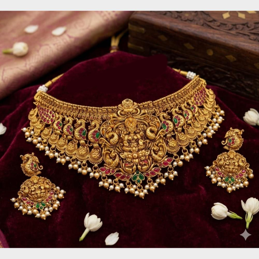 Lucentarts Jewellery Heritage Pota Stone And Pearl Temple Choker Necklace Set