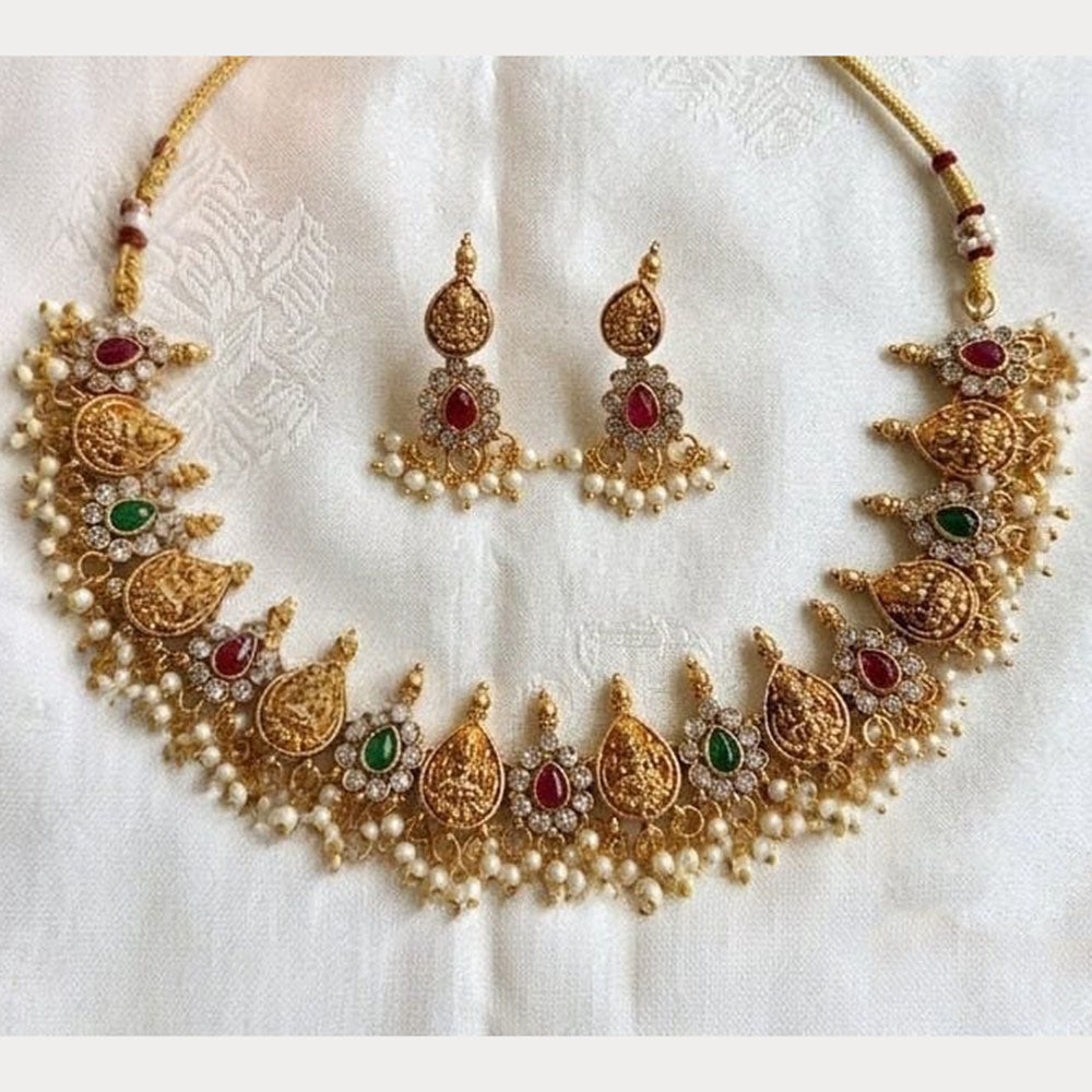 Lucentarts Jewellery Elegant Pota Stone And Pearl Temple Necklace Set