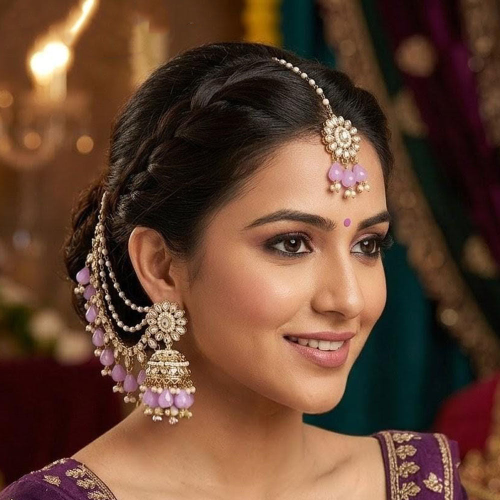 Lucentarts Jewellery Elegant Kundan Stone And Beads Jhumki Earrings With Maangtikka