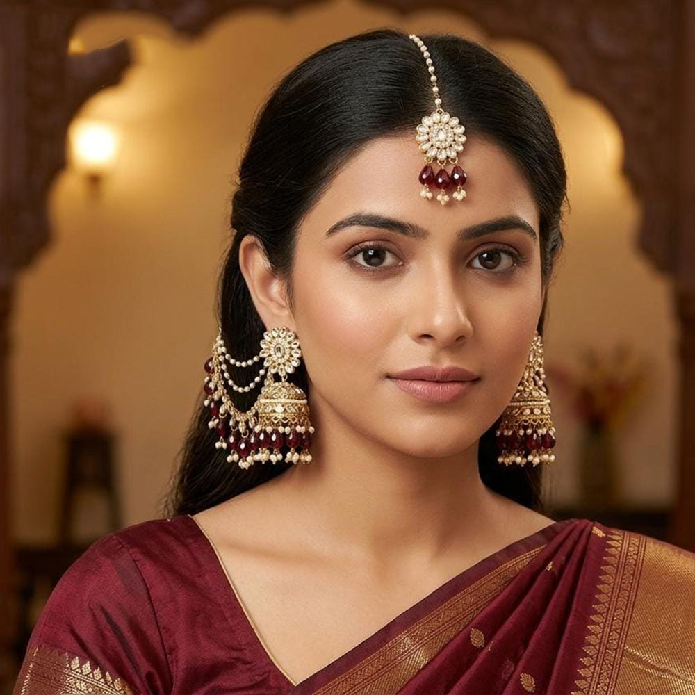 Lucentarts Jewellery Elegant Kundan Stone And Beads Jhumki Earrings With Maangtikka