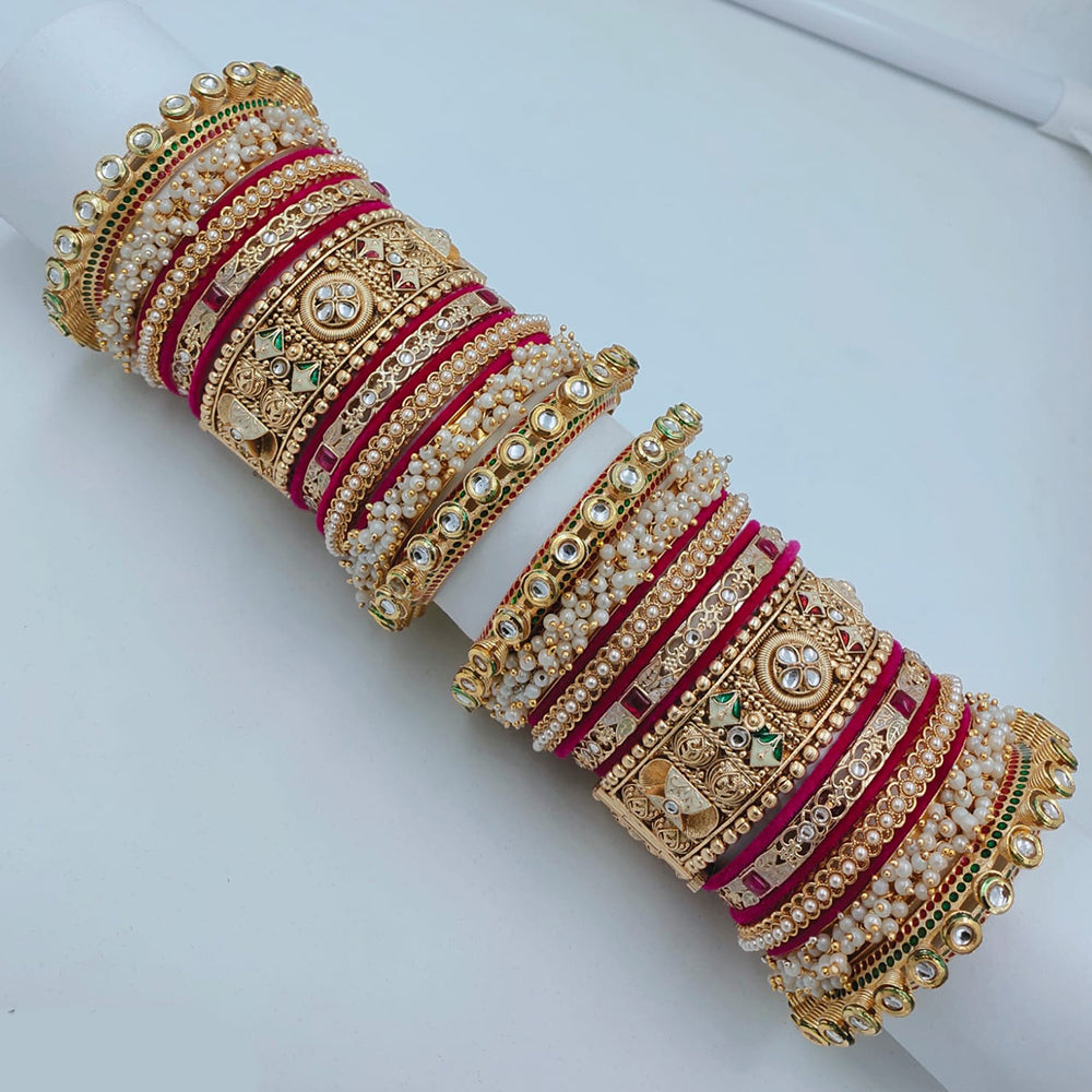 Lucentarts Jewellery Sparkling Kundan Stone And Meenakari Velvet Chuda Bangles Set