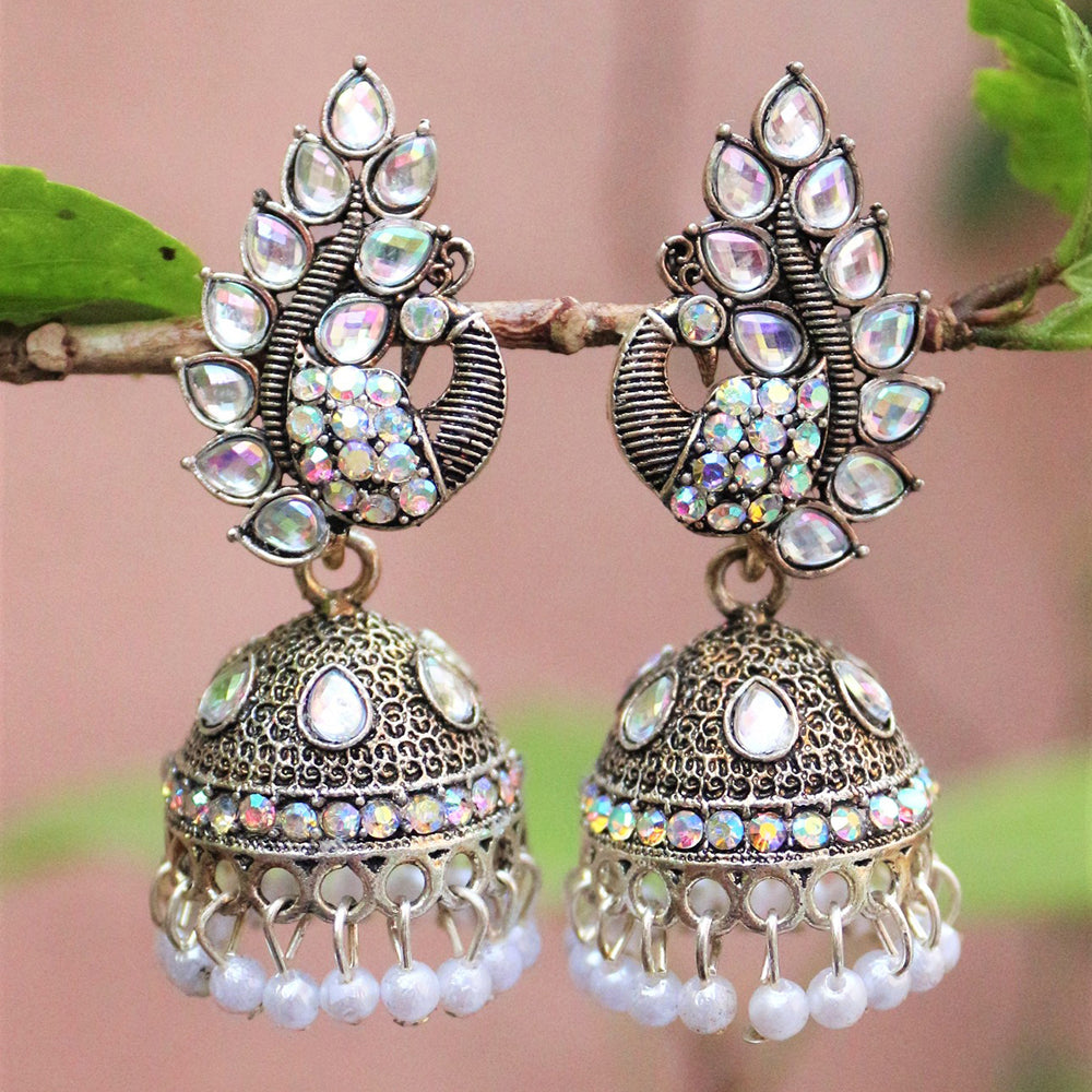 H K Fashion Oxidised Plated Austrian Stone And Beads Jhumki Earrings