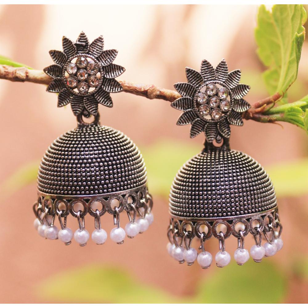 H K Fashion Oxidised Plated Austrian Stone Jhumki Earrings