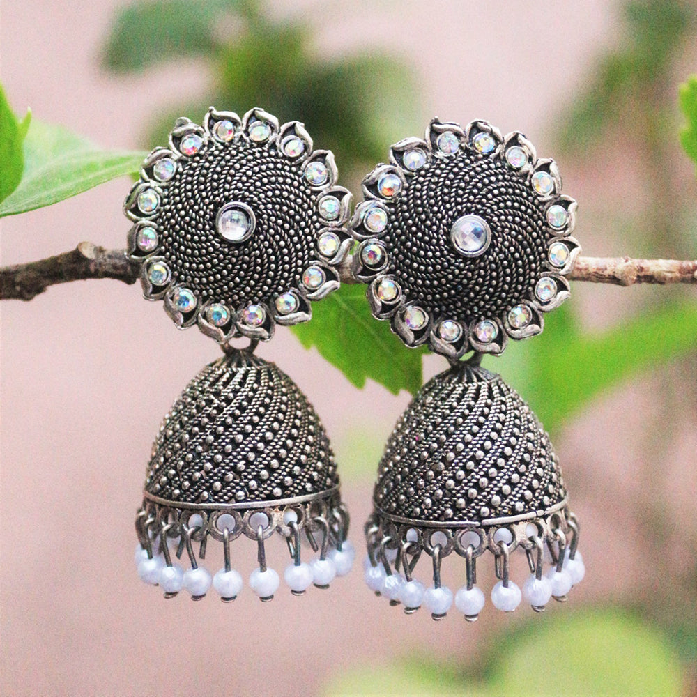 H K Fashion Oxidised Plated Austrian Stone Jhumki Earrings