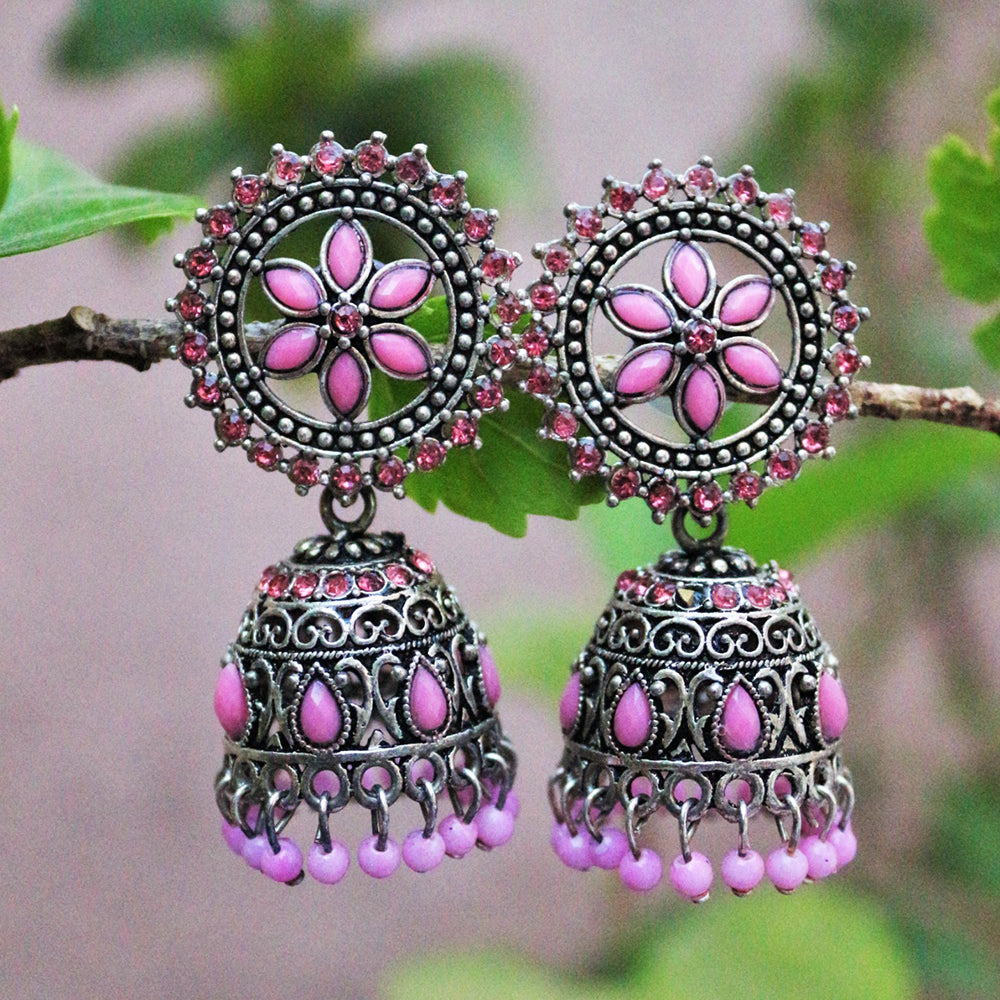 H K Fashion Oxidised Plated Pota Stone Jhumki Earrings