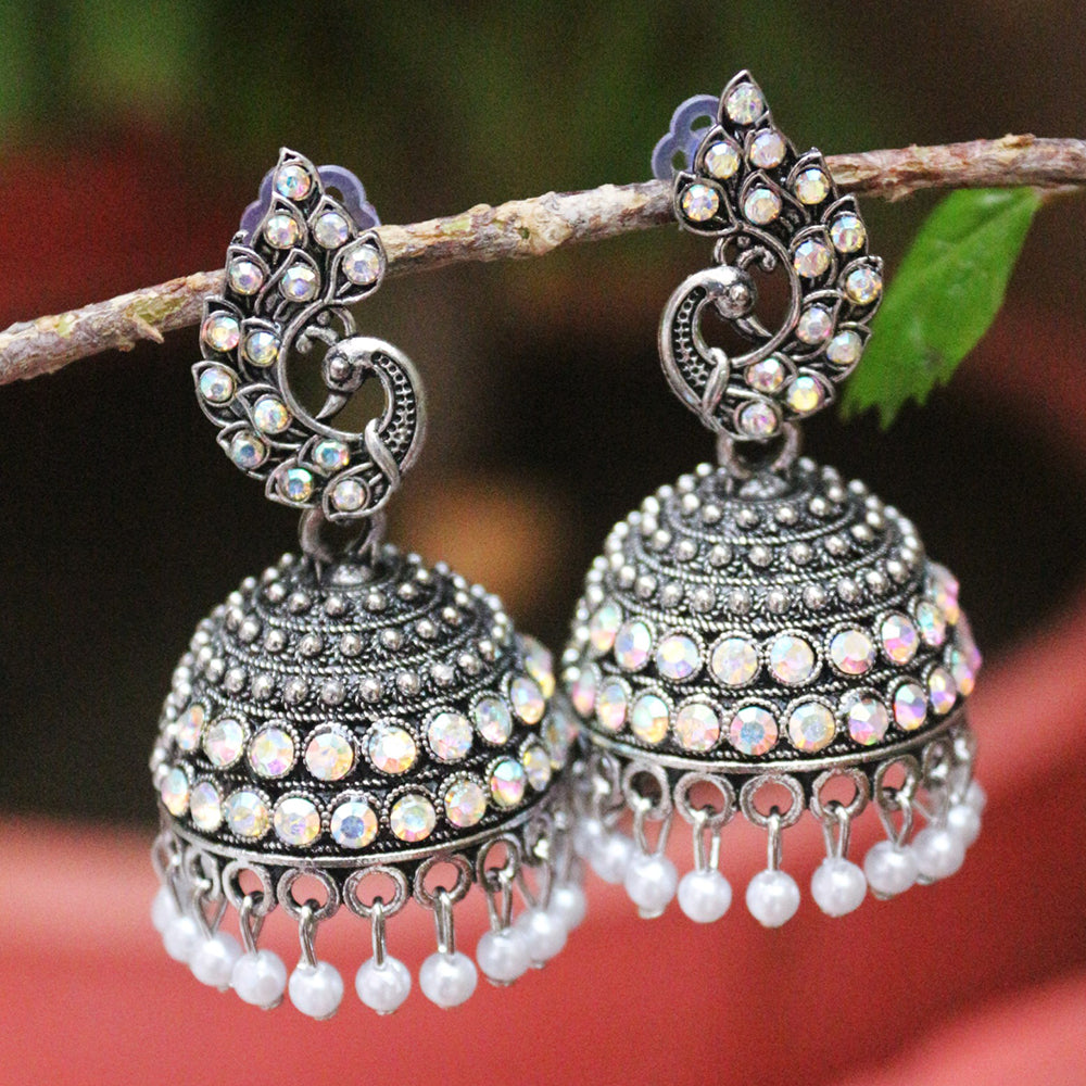 H K Fashion Oxidised Plated Austrian Stone Jhumki Earrings