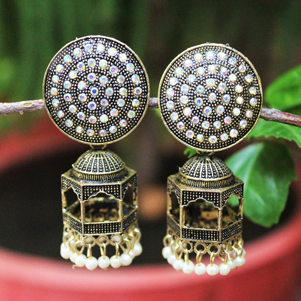 H K Fashion Oxidised Gold Plated Austrian Stone Jhumki Earrings