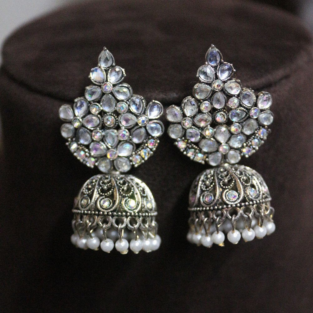 H K Fashion Oxidised Plated Crystal Stone And Pearls Jhumki Earrings