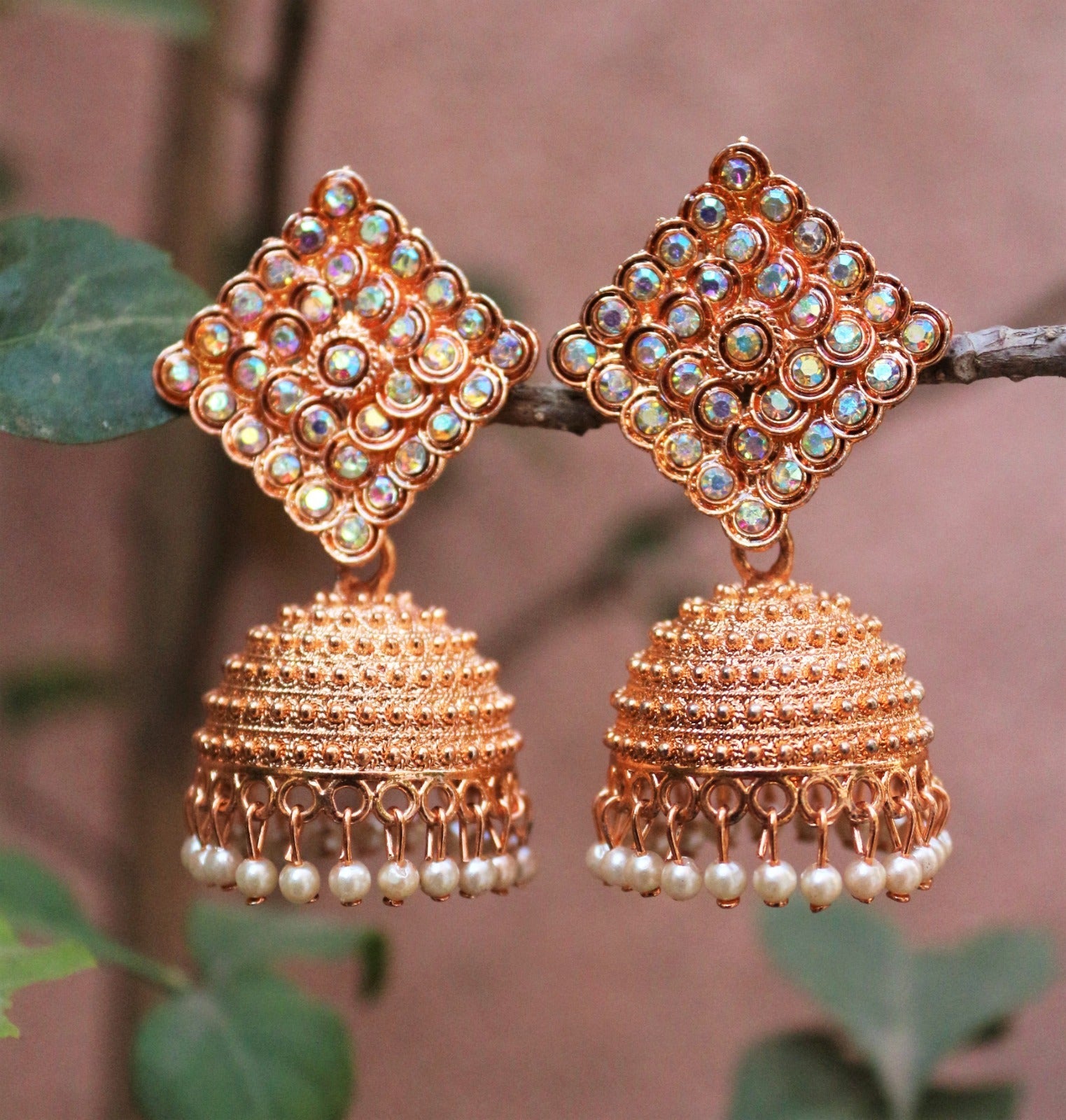H K Fashion Austrian Stone Pearls Jhumki Earrings