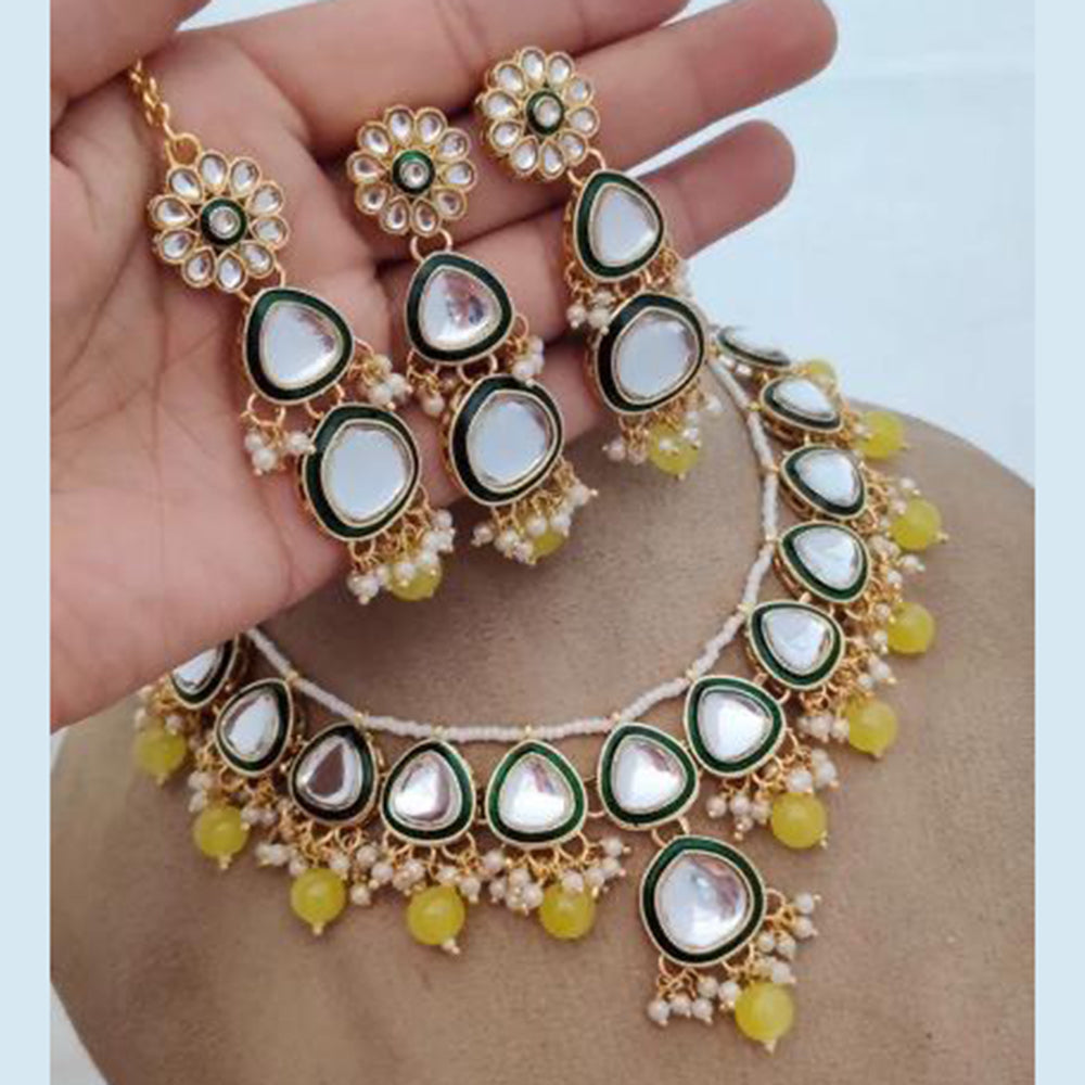 India Art Gold Plated Kundan Stone And Beads Meenakari Necklace Set