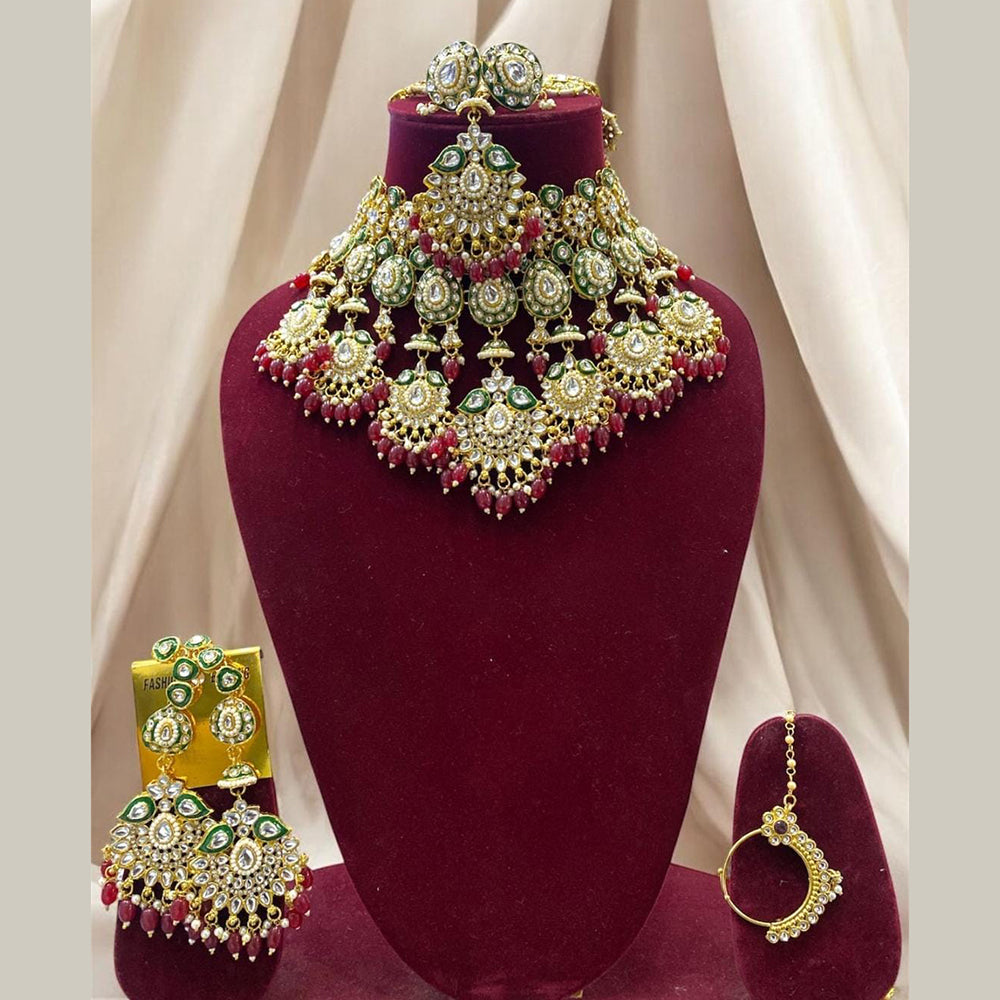 India Art Gold Plated Kundan Stone And Beads Meenakari Choker Necklace Set
