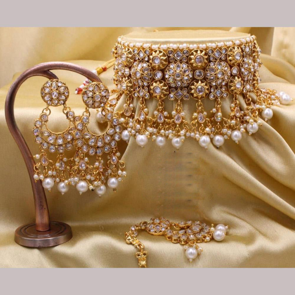 India Art Gold Plated Crystal Stone And Beads Choker Necklace Set