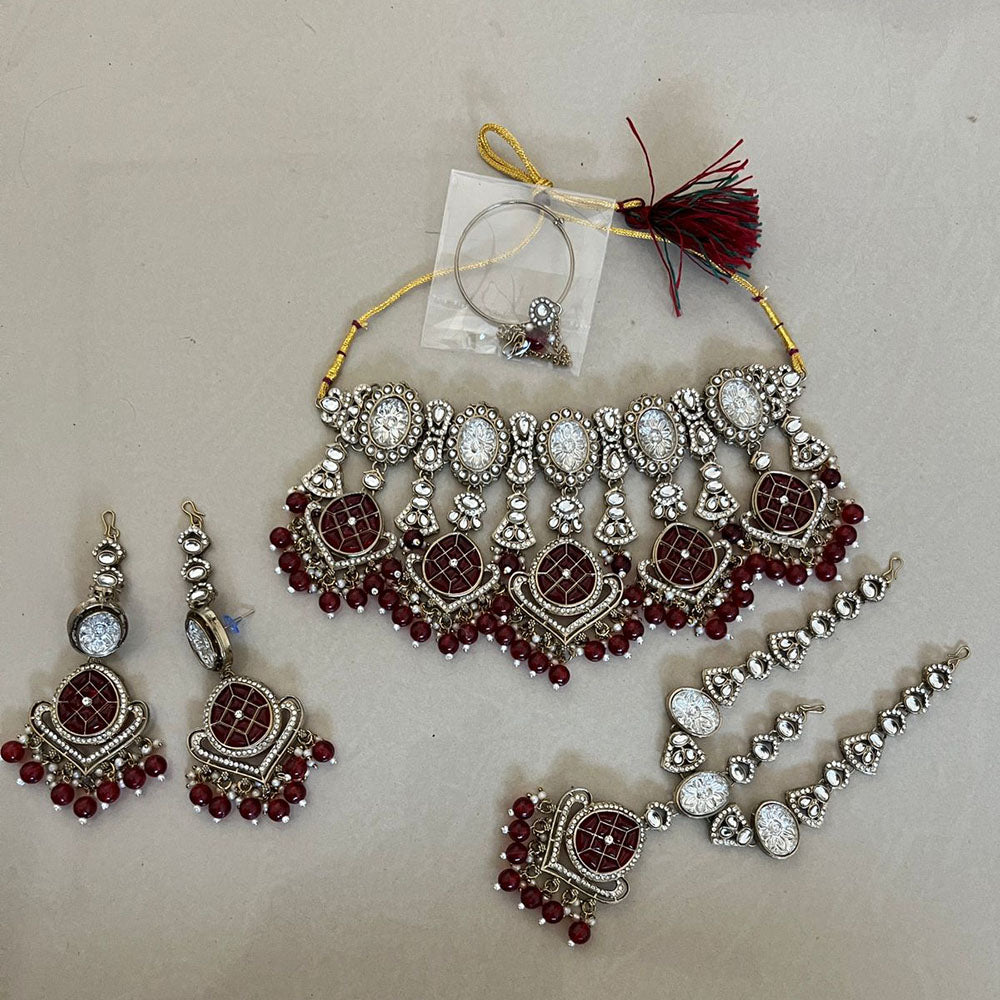 India Art Royal Pearl Kundan Stone Pearl And Beads Semi Bridal Necklace Set