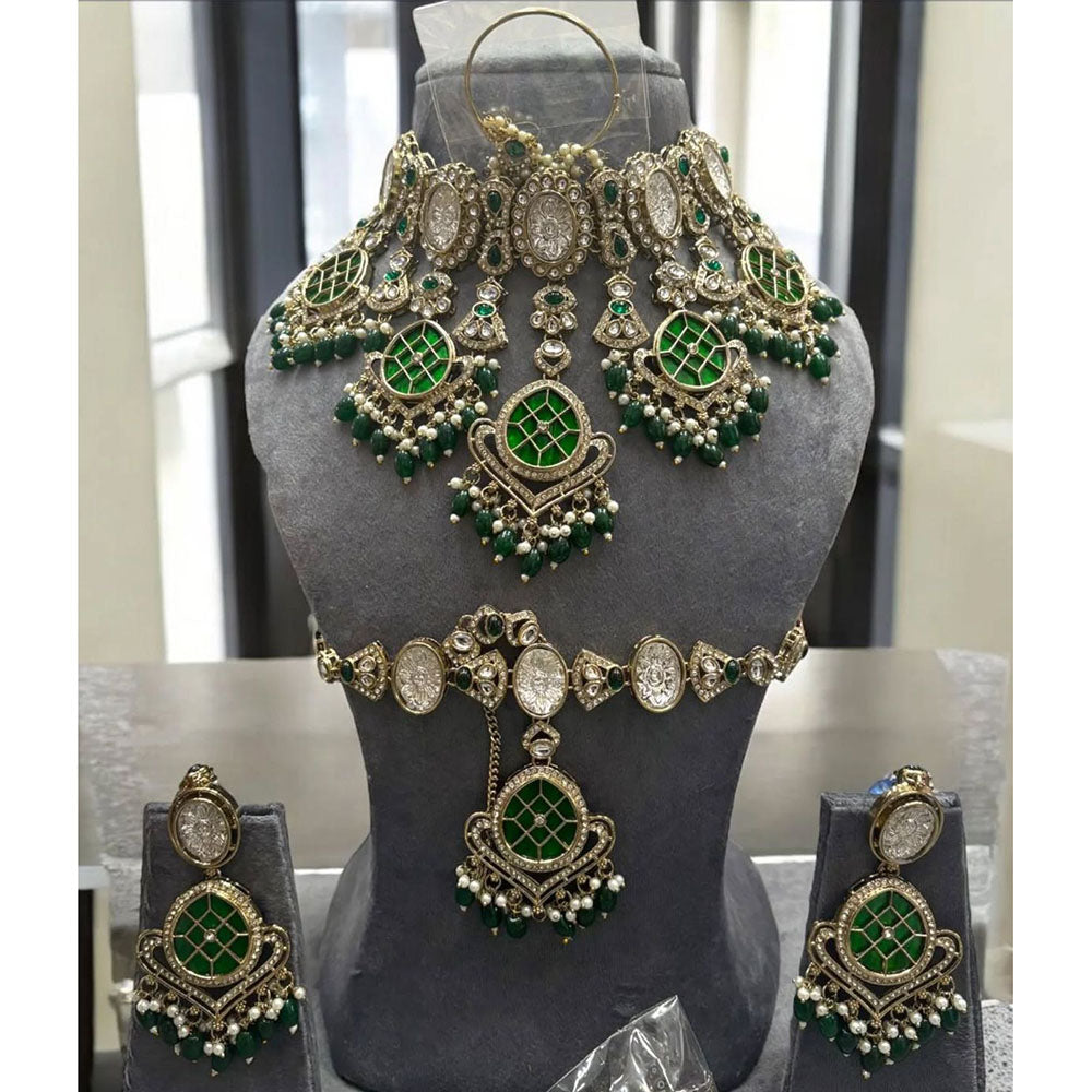India Art Royal Pearl Kundan Stone Pearl And Beads Semi Bridal Necklace Set