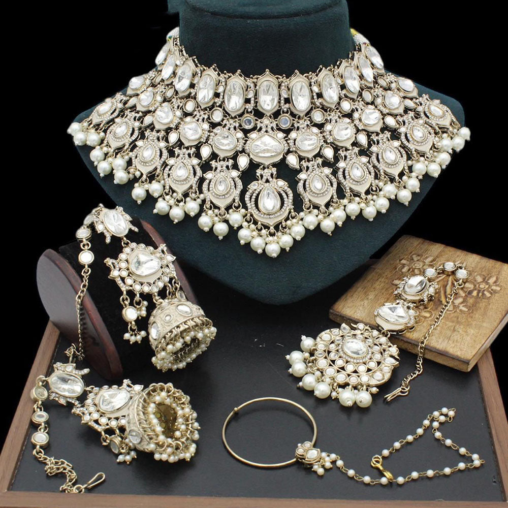 India Art Royal Pearl Kundan Stone Pearl And Beads Semi Bridal Necklace Set