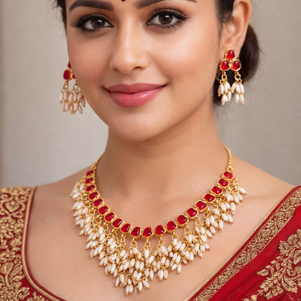 India Art Premium Pota Stone And Pearl Necklace Set