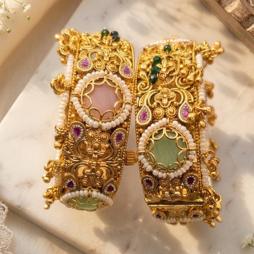 India Art Royal Gold Plated Pota Stone And Pearl Openable Bangles Set