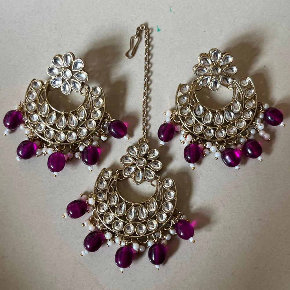 India Art Elegant Kundan Stone And Beads Dangler Earrings With Waangtikka