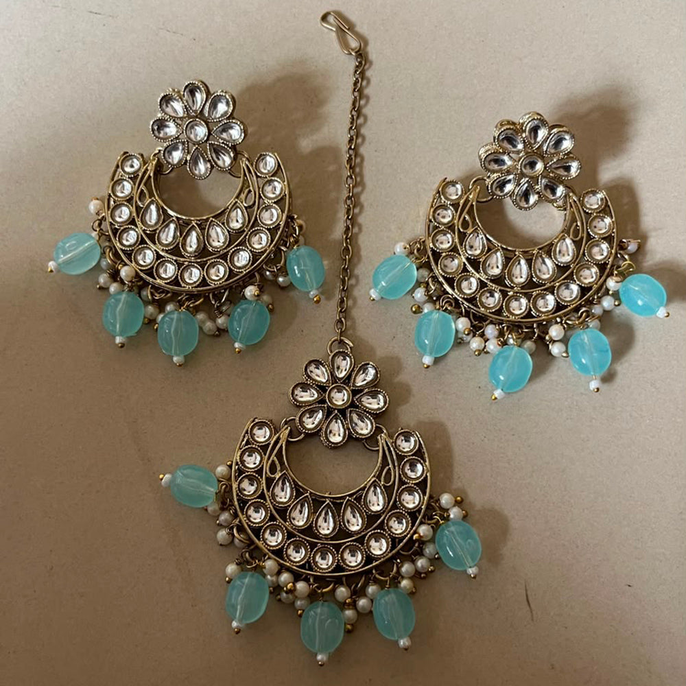 India Art Elegant Kundan Stone And Beads Dangler Earrings With Waangtikka
