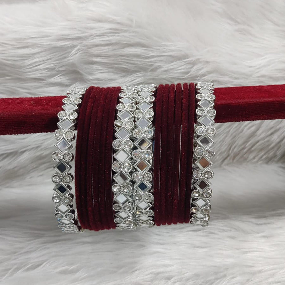 Pooja Bangles Sliver Plated Mirror And Velvet Bangles Set