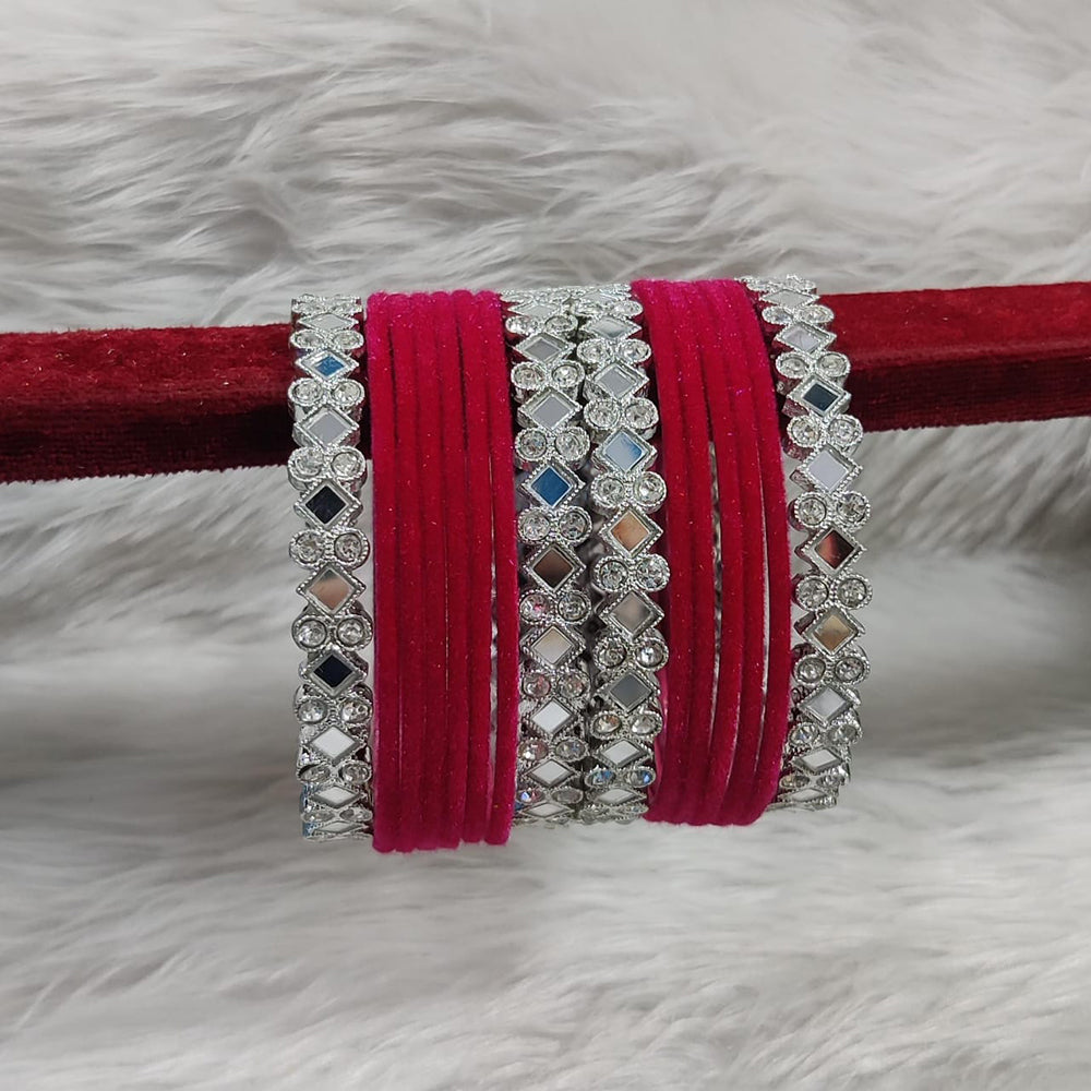 Pooja Bangles Sliver Plated Mirror And Velvet Bangles Set