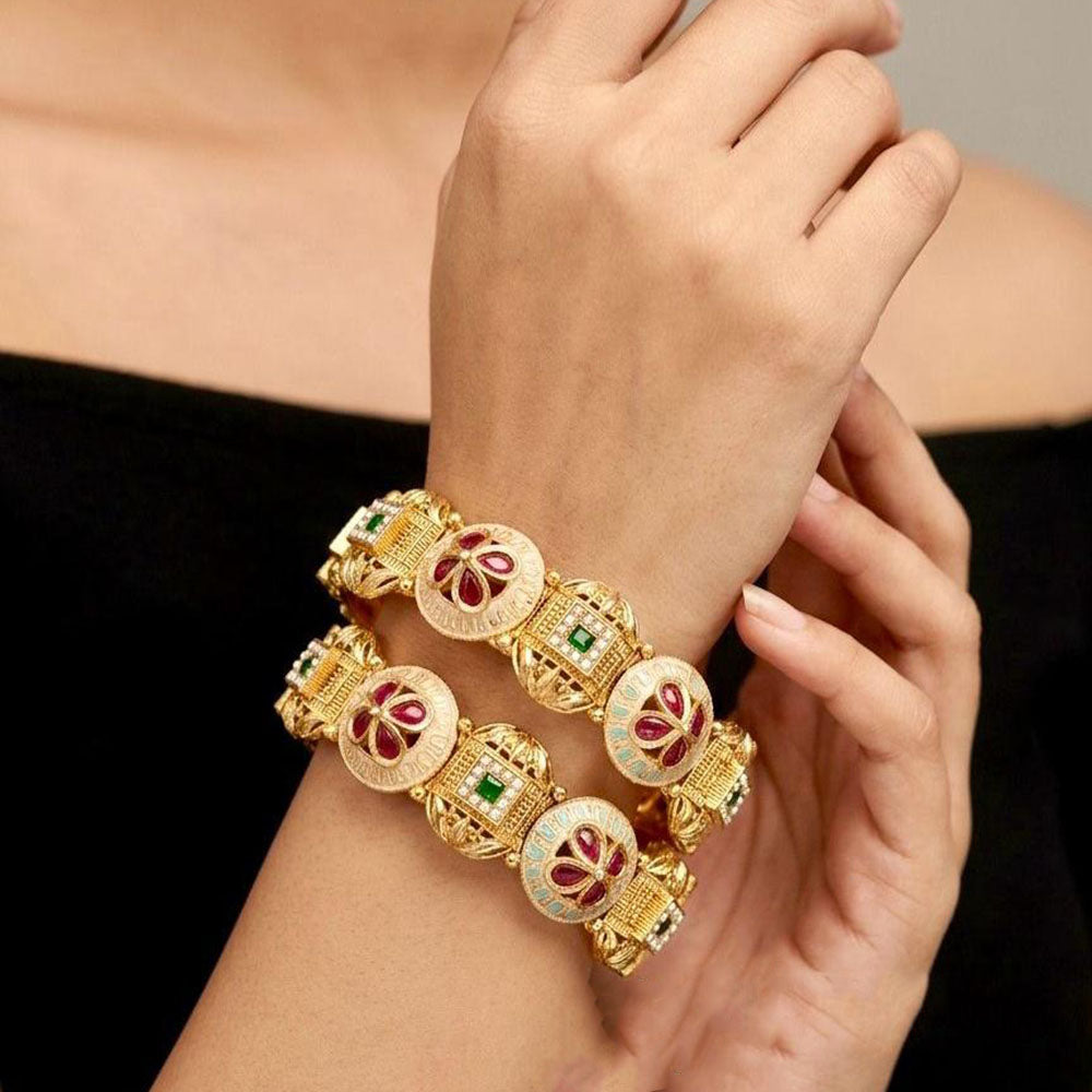 Pooja Bangles Heritage Meenakari Pota Stone And Pearl Bangles Set