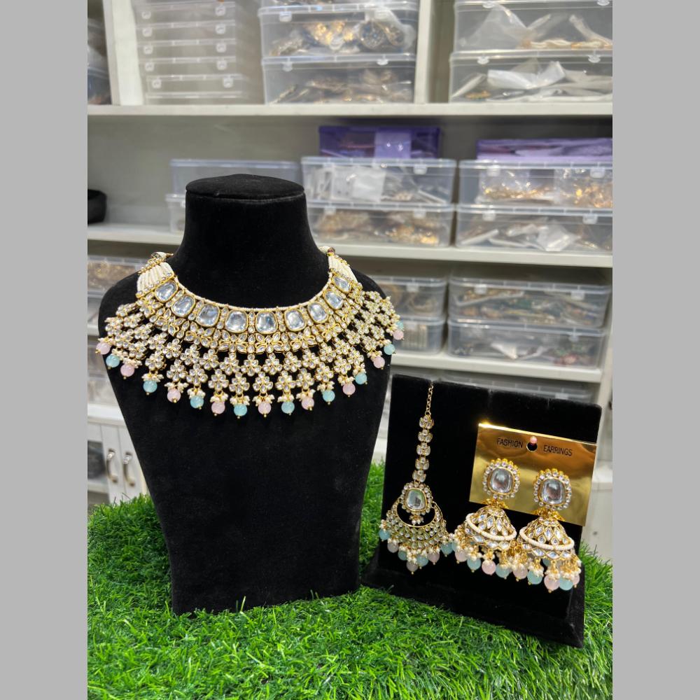 Hira Collections Gold Plated Kundan Stone And Beads Necklace Set