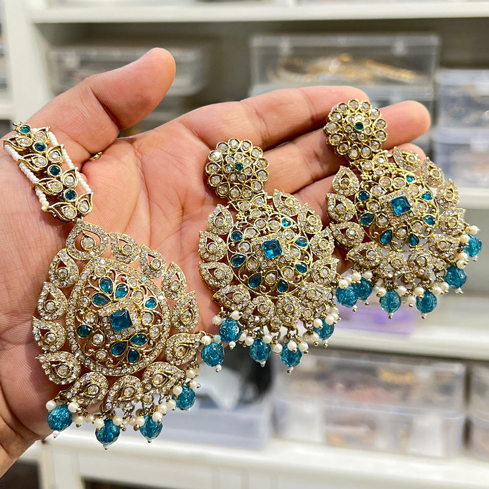 Hira Collections Royal Crystal Stone And Pearl Earring With Maangtikka