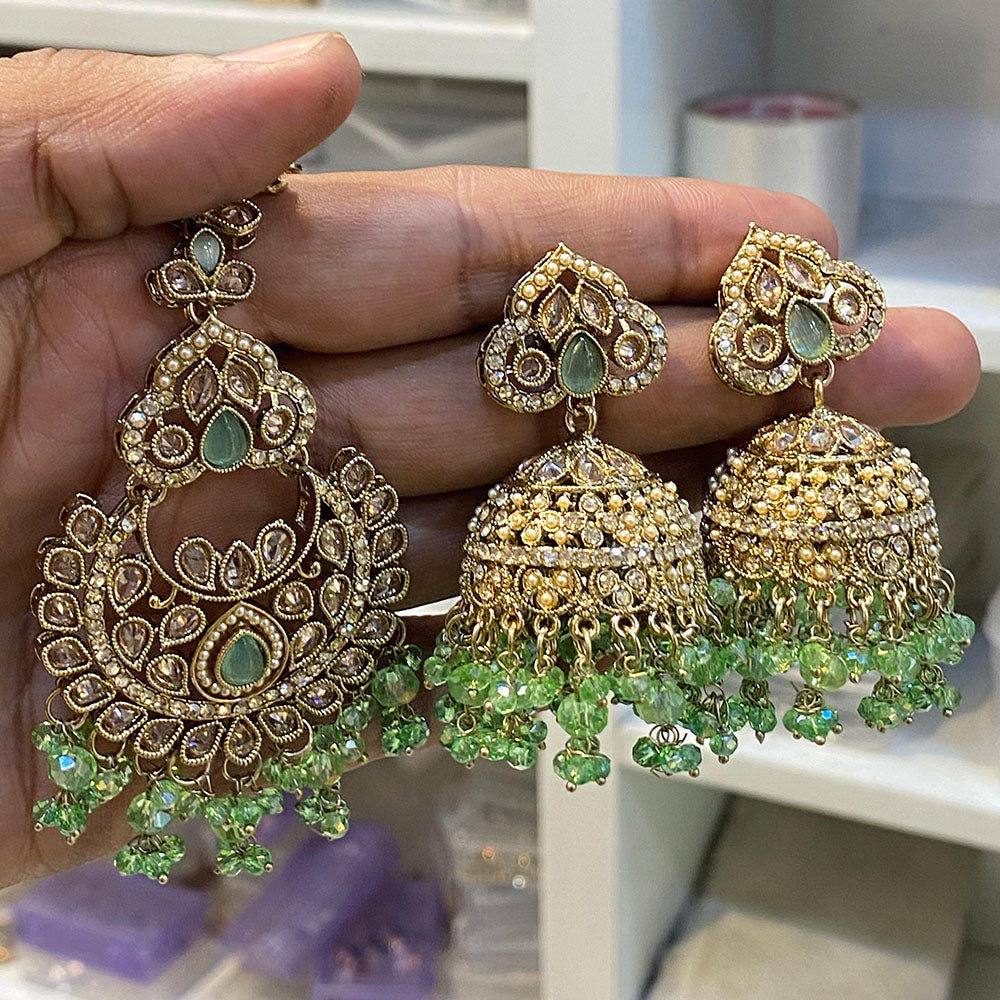 Hira Collections Designer Crystal Stone And Beads Jhumki Earrings With Maangtikka